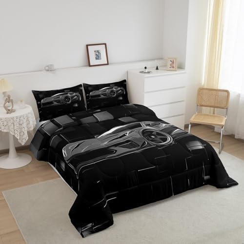 Erosebridal Cool Car Bedding Set Twin Size Grey Racing Car Comforter Set 2 Pieces Modern Abstract Geometric Checkered Bedding Comforter Sets Speed Sports Car Down Comforter Teens Bedroom Decor