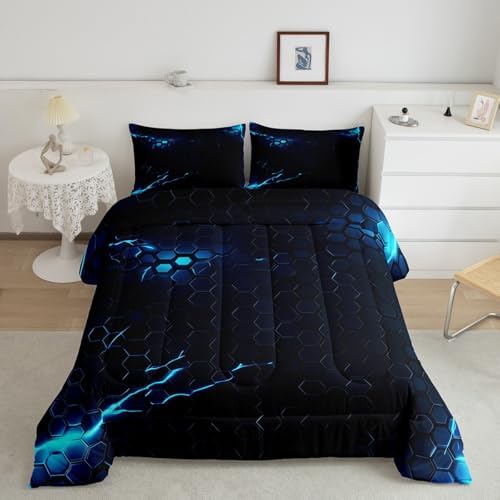 Feelyou Lightning Honeycomb Comforter Hexagon Comforter Set Geometric Beehive Bedding Set for Kids Boys Girls Beehive Hexagon Duvet Set Room Decor Quilt Twin Size Boys
