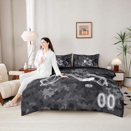 Erosebridal Ice Hockey Bedding Twin - Winter Event Ball Games Comforter Sets with Sheets, Sports Game Lovers Bed-in-A-Bag Teen Kids Hockey Decor for Boys Bedroom (Camo Black)