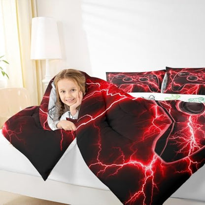 Erosebridal Gaming Comforter Set Gamer Girl Toddler Bedding Set, Retro Game Console Comforter Red Lightning Quilt,Kids Bedroom Decor