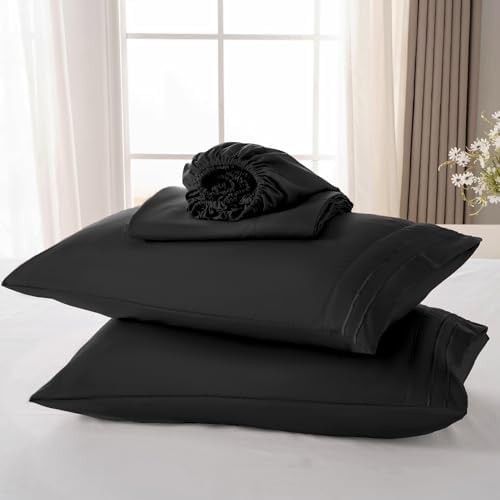 ROSE&RISY Black King Sheet Set, 4 Pieces Soft Bedding Queen Sheet Set, Breathable and Cooling,Includes 1 Fitted Sheet, 1 Flat Sheet, 2 Pillowcases - Deep Pocket (Black, King)