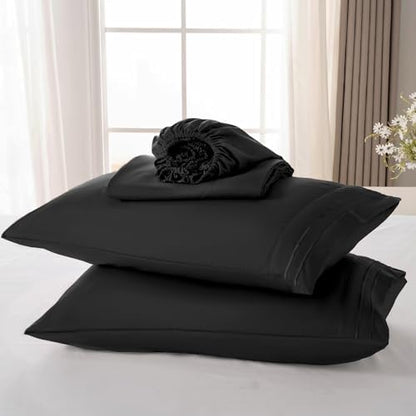 ROSE&RISY Black King Sheet Set, 4 Pieces Soft Bedding Queen Sheet Set, Breathable and Cooling,Includes 1 Fitted Sheet, 1 Flat Sheet, 2 Pillowcases - Deep Pocket (Black, King)
