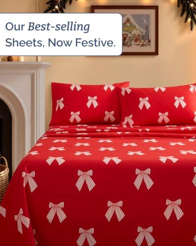 Christmas Sheet Set, Red Ribbon Bows, Holiday Xmas Bedding Set - Queen Size