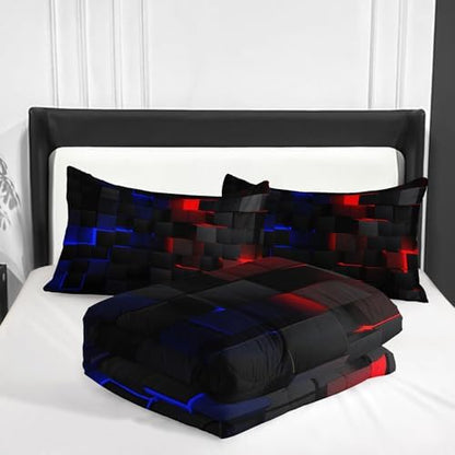 Nttopship Neon Red and Blue Comforter Set Twin Geometric Kids Bedding Set,3 PCS Geometry Honeycomb Bed Set Modern Quilt Set 1 Comforter 2 Pillow Cases Cool Room Decor All Season B-Side Black