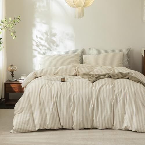 FOSSA Striped Duvet Cover Set 100% Washed Cotton Linen Feel Queen