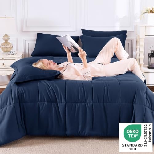 CozyLux King Size Comforter Set, 7-Piece Bed in a Bag, Navy Blue