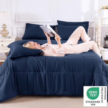CozyLux King Size Comforter Set, 7-Piece Bed in a Bag, Navy Blue