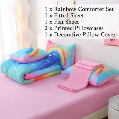 JQinHome Girls Comforter Set Twin, 6 Piece Bed in A Bag 3D Colorful Rainbow Bedding Sets for Teen Girls,with Sheet Sets (Rainbow)