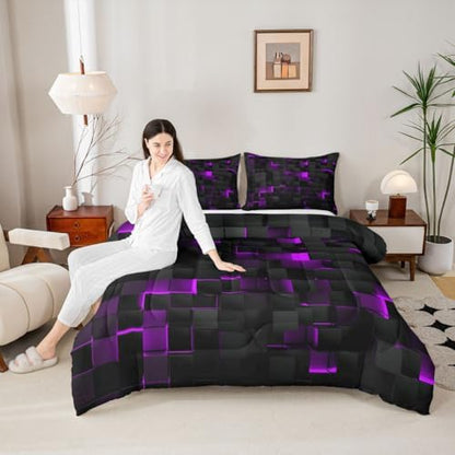 Erosebridal Black Purple Comforter Set Full Neon Geometric Checkered Bedding Set for Girls Teen Women,Tereoscopic Grids Comforter Square Plaid Quilt Duvet Room Decor 3 Pcs