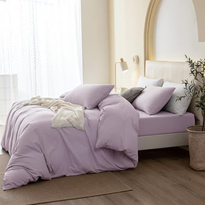 JIYUAN King Washed Cotton Duvet Cover Set, 3-Piece, Relaxed Linen Feel