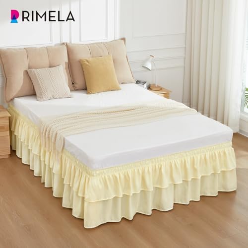 RIMELA Ruffle Bed Skirt Butter Yellow King 18 Inch Drop, Elastic Wrap Around Bed Skirts King Size, Easy to Install Dust Ruffle, Machine Washable Soft Fabric, Multi Ruffle Bedskirt