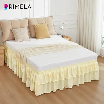 RIMELA Ruffle Bed Skirt Butter Yellow King 18 Inch Drop, Elastic Wrap Around Bed Skirts King Size, Easy to Install Dust Ruffle, Machine Washable Soft Fabric, Multi Ruffle Bedskirt
