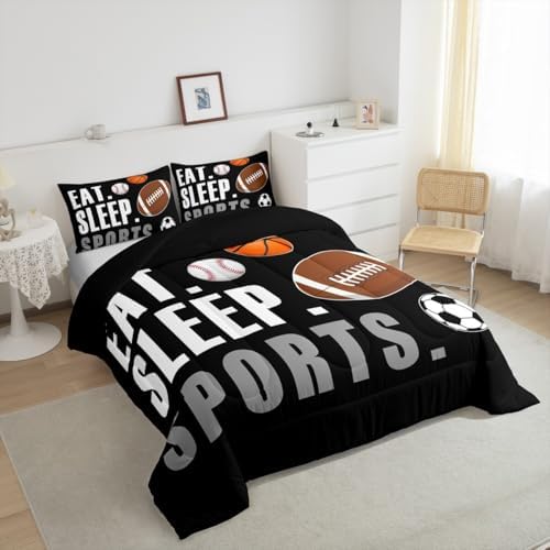 Feelyou Twin Size Sports Comforter Set Boys Girls Bedding Set for Sports Lover Gift Ultra Soft Football Soccer Basketball Baseball Quilt Breathable Lightweight Microfiber Black Ball Game Room Decor