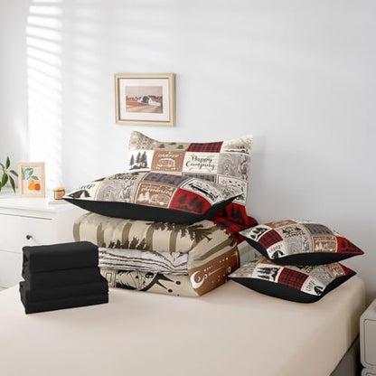 Erosebridal Rv Short Queen Comforter for Camper Happy Camping Bunk Bed in A Bag 7 Piece Camper Accessories Bedding for Travel Trailers,Patchwork Buffalo Plaid Pine Tree Arrow Bed Set Red Brown