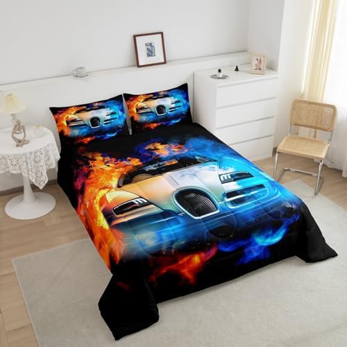 Feelyou Kids Sports Car Bedding Set Luxury Yin Yang Race Car Bedding Set for Boys Girls Men Extreme Sports Theme Comforter Cool Speed Racing Car Comforter Set Bedroom Collection 3Pcs Full Size