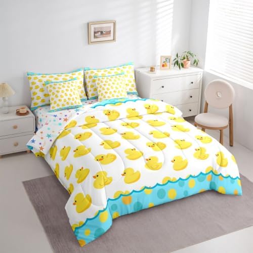 Erosebridal Blue and Yellow Duck Twin Bedding Set 7 Piece Lovely Duck Lovers Bed in A Bag with Sheets Cartoon Rustic Country Comforter Set for Kids Adults,Wild Duck Animals Bed Sets