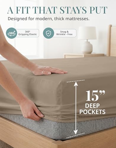 LANE LINEN 450TC Cotton Full Sheet Set - Silky Smooth Sateen Weave, Taupe