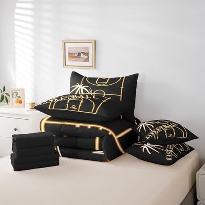 Sport King Comforter Set 7 Pieces for Boys Basketball Toddler Bedding Comforter Sets, Sports Theme Bed in a Bag Orange Black Bedding Set, Glowing Gradient Bed Sheets Set Soft (Black Reversible)