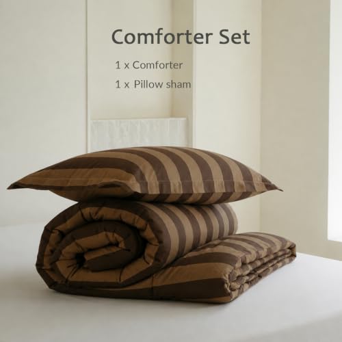 Twin Comforter Set 2 Pieces, 100% Cotton Brown and Beige Striped Bedding Set for All‑Season, Soft Hypoallergenic Reversible Comforter with 1 Pillow Sham