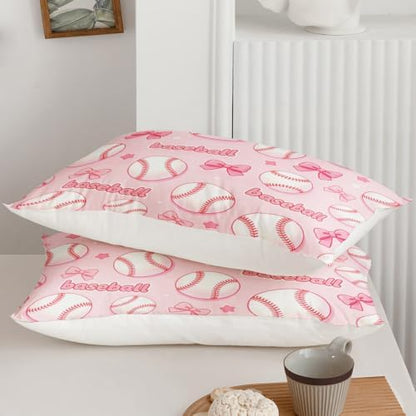 BSNTHO Baseball Comforter Set Twin Size, Pink Bow Kids Comforter 3Pcs