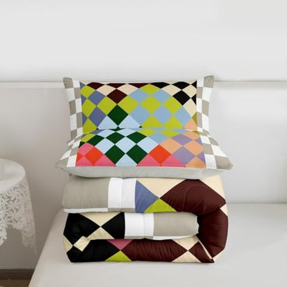 Checkered Geometric Comforter Set Toddler Size Green Red Beige Brown Plaid Bedding Set for Kids Boys Girls Checkerboard Modern Aesthetic Duvet Quilt Reversible Grey Decor 2 Pcs with 1 Pillow Cases