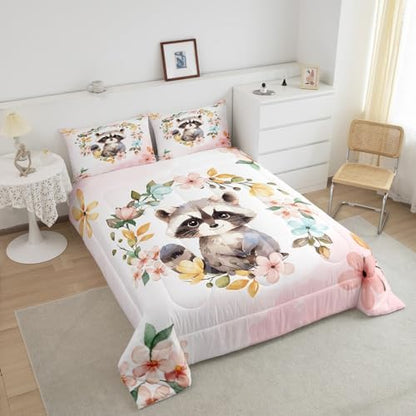 Manfei Cute Raccoon Comforter Set Full Size, Watercolor Flower Quilt Set with 2 Pillowcases, Floral Animal Theme Bedding Set 3pcs for Kids Boy Girls Bedroom Decor Lightweight Duvet Insert