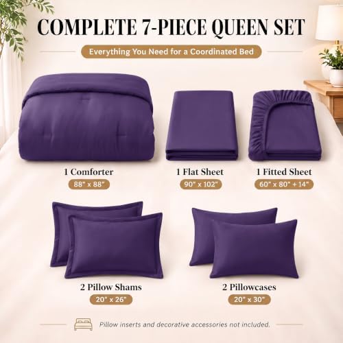 CozyLux Queen Comforter Set Purple, 7 Pieces Bed in a Bag