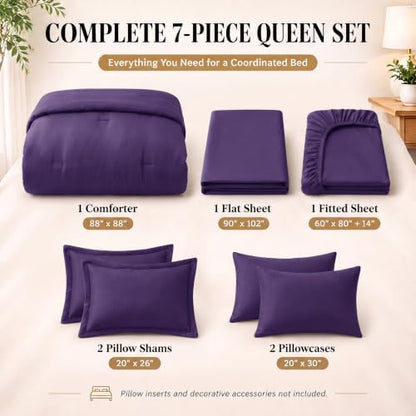 CozyLux Queen Comforter Set Purple, 7 Pieces Bed in a Bag
