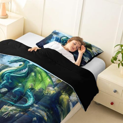 Feelyou Dragon Kids Comforter Set Twin Size Magical Beast Bedding Set Wild Animal Duvet Quilt for Kids Boys Girls Bedroom Fantasy Animal Decor Jungle Dragon Microfiber Ultra Soft Breathable