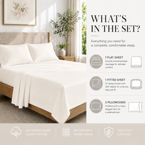 Queen Sheet Set, 400 Thread Count Bed Sheets Queen Size Set - Coconut Milk