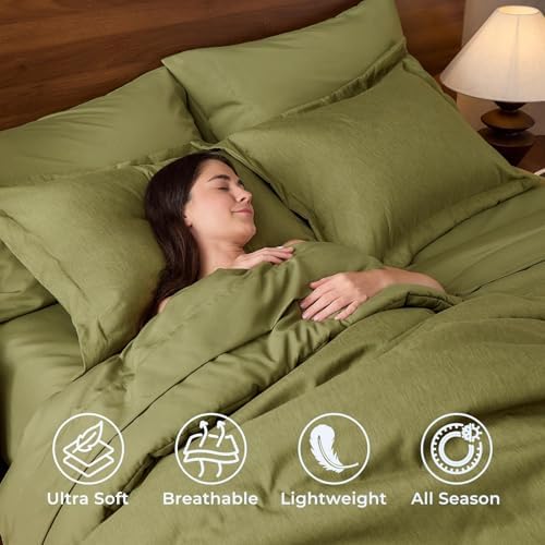 JOLLYVOGUE Olive Green Full Comforter Set, Cationic Dyeing Bed in a Bag Full 7 Pieces, Double-Tone Bedding Set with Down Alternative Comforter, Sheets, Pillowcases & Shams