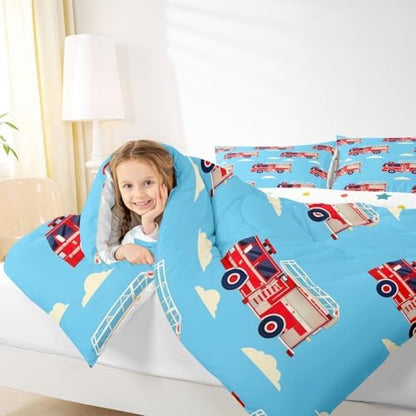 Erosebridal Cartoon Fire Truck Bedding Set Toddler, Red Firemen Car Comforter Set, White Cloud Blue Sky Comforter for Kids Men Teens Boys Room Decor, Fire Engine Quilt with 1 Pillowcase, Microfiber
