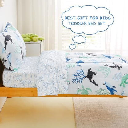Mooreeke Toddler Bedding Sets for Boys,4 Pieces Blue Ocean Whales Printed