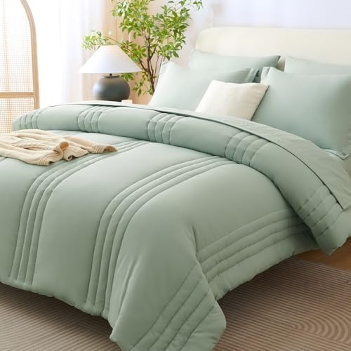 CozyLux King Size Comforter Set Sage Green- 7 Pieces Bed in a Bag