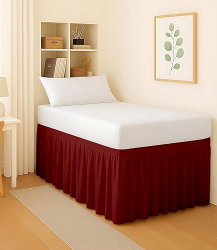 Dorm Bed Skirt Twin XL 28 Inch Drop, Easy to Install Extra Long Wrap Around Elastic Dust Ruffle, Bedskirt Solid Silky Fabric Machine Washable, Ruffled College Dorm Room Burgundy