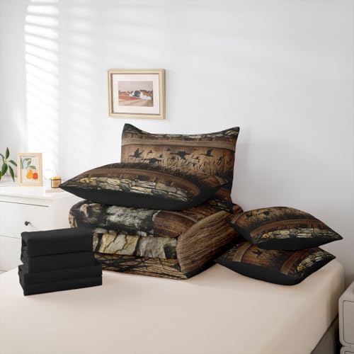 Erosebridal 7 Piece Mallard Duck Hunting Bedding Farmhouse Full Comforter Set with Sheets | Rustic Cabin Bed in A Bag for Kids Boys Teen Men,Brown Country Wooden Stone Bed Set Lodge Home Decor