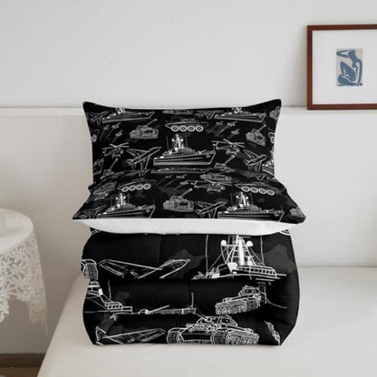Manfei War Theme Comforter Set Twin Size, Aircraft Tank Ship Down Comforter with 1 Pillowcase, Black Army Camouflage Bedding Set 2pcs for Kids Boys Teen Bedroom Decor Lightweight Duvet Insert