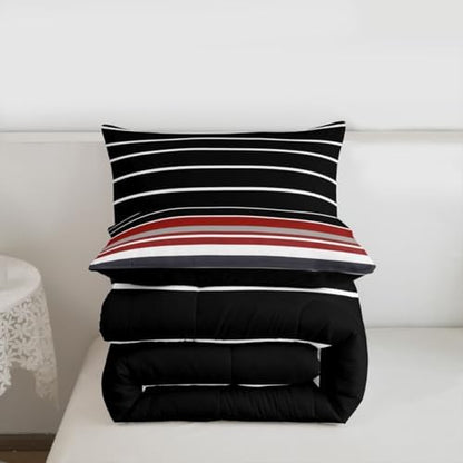 jejeloiu Black Red Gray Stripes Bedding Set Soft for Boys Girls, Geometric Comforter Set King Size Modern Duvet Quilt Microfiber Luxury Bedroom Decor 3 Pcs with 2 Pillow Cases