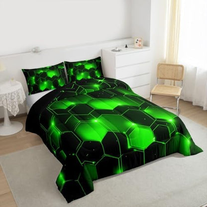 Feelyou Honeycomb Bedding Set Kids Toddler Queen, Beehive Geometric Comforter Set Honeycomb with Green Yellow Neon Lights Comforter Hexagonal Duvet Durable Quilt Queen Size