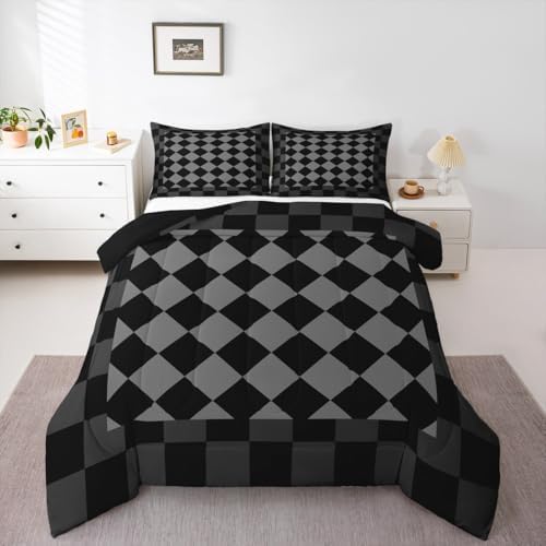 Checkered Geometric Comforter Set Full Size Black Grey Plaid Bedding Set for Kids Boys Girls Checkerboard Modern Aesthetic Duvet Quilt Cute Retro Neutral Bedroom Decor 3 Pcs with 2 Pillow Cases