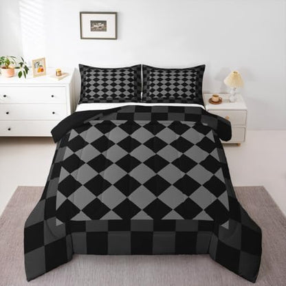 Checkered Geometric Comforter Set Full Size Black Grey Plaid Bedding Set for Kids Boys Girls Checkerboard Modern Aesthetic Duvet Quilt Cute Retro Neutral Bedroom Decor 3 Pcs with 2 Pillow Cases