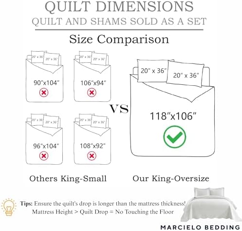 MarCielo 3-Piece 100% Cotton Oversized Bedspread Lightweight Quilt Coverlet Embroidery Farmhouse Bedding Set T0 (Bright White, Oversized King (118"x106"))