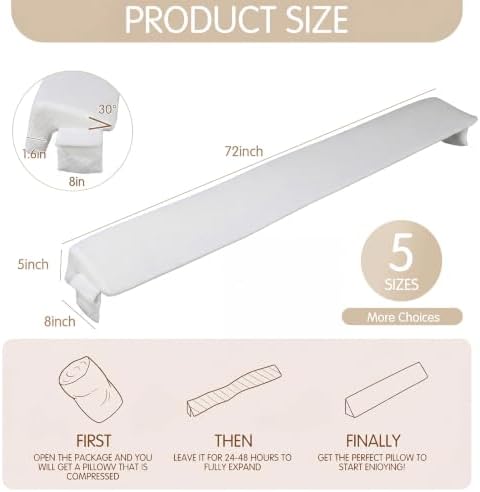Novabright 72"x8"x5" Bed Wedge Pillow Gap Filler for Headboard Gap Filler Bed Wedge Pillow with Side Pocket Gaps Mattress Wedges Gaps Fillers to Stop Items Falling Down, Removable & Washable (White)