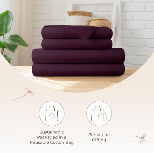 100% Organic Flannel Sheets King Size - GOTS Certified 100% Cotton Flannel Sheets Set with Comfortable Soft Brushed Finish & Deep Pocket - 1 Flat 1 Fitted & 2 Pillowcases (Aubergine, King)