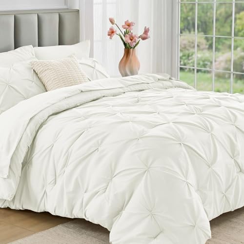 JOLLYVOGUE Twin Comforter Set 5 Pieces - Bed in a Bag Twin for All Season, Pintuck Bedding Comforter Sets with Comforter, Flat Sheet, Fitted Sheet and Pillowcases & Shams, Ivory