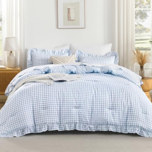 Andency Blue Gingham Ruffle Comforter Queen, 3 Pieces Vintage Bedding