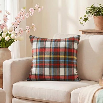 AVOIN colorlife Spring Summer Red Brown Blue Plaid Decorative Throw Pillow Covers, 18 x 18 Inch Holiday Scottish Tartan Cushion Case Farmhouse Decoration for Sofa Couch Set of 2