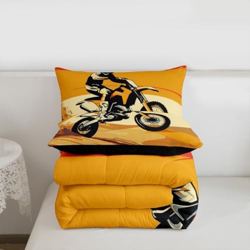 Feelyou Orange Motocross Rider Comforter Set Desert Dirt Bike Bedding Set with 2 Pillow Cases Sunset Track Design Full Checkered Flag Room Decor Off-Road Motorcycle Duvet Quilt Soft Lightweight