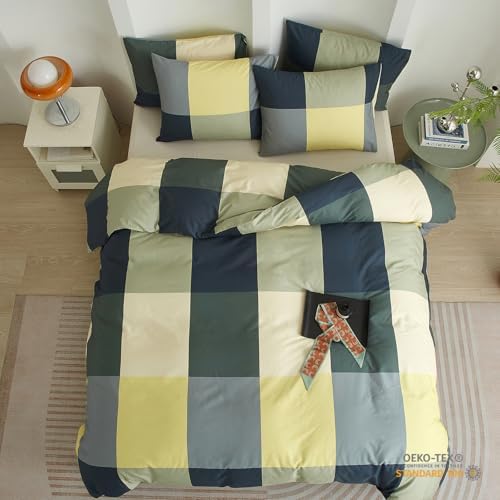 mixinni King Comforter Set Men Boys Geometric Checkered Plaid Printed Bedding Comforter for All Season Soft Lightweight Bedding Set-(King Size, Green,Yellow,Khaki)