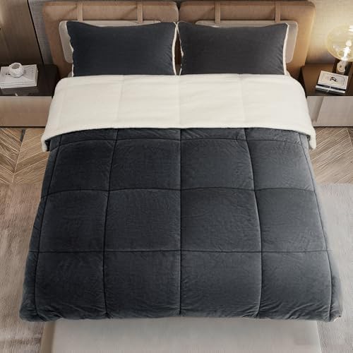 Fluffy Sherpa Cal King Comforter Set, Thick Bedding Set 3PC, Charcoal